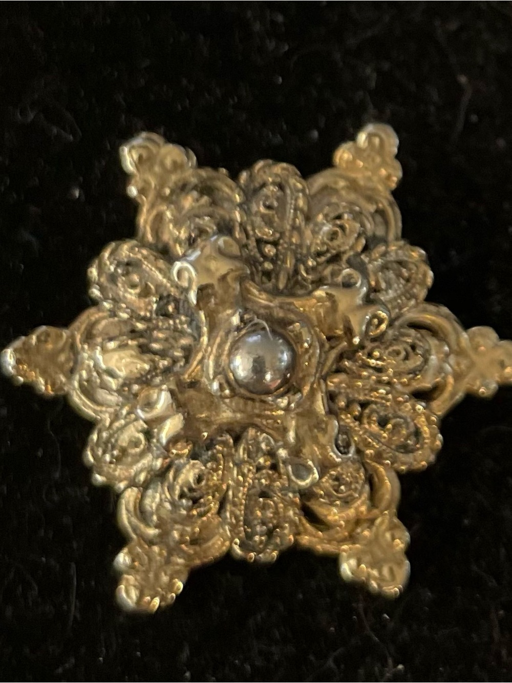 Vintage Gold Floral Filigree Brooch with Central Pearl Accent
